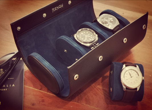 Genuine Full-Grain Leather 3-Slot Watch Roll – Black / Blue Travel Case