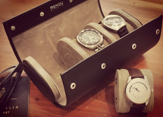 Genuine Full-Grain Leather 3-Slot Watch Roll – Black / Grey Travel Case