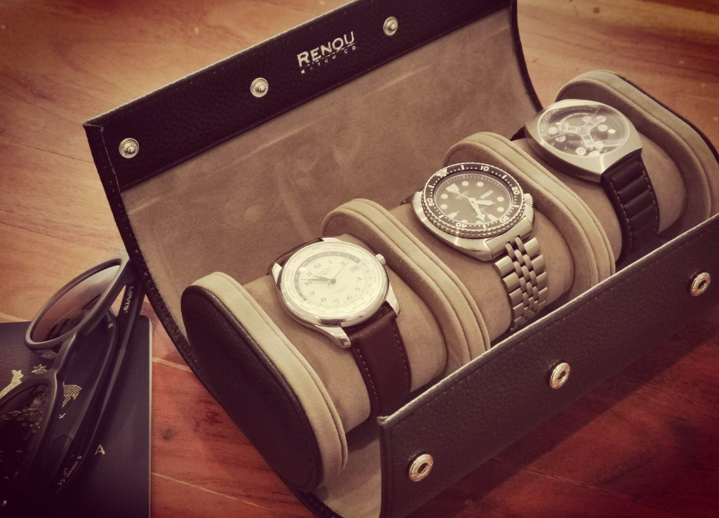 Genuine Full-Grain Leather 3-Slot Watch Roll – Black / Grey Travel Case