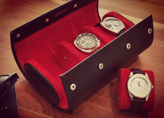 Genuine Full-Grain Leather 3-Slot Watch Roll – Black / Red Travel Case
